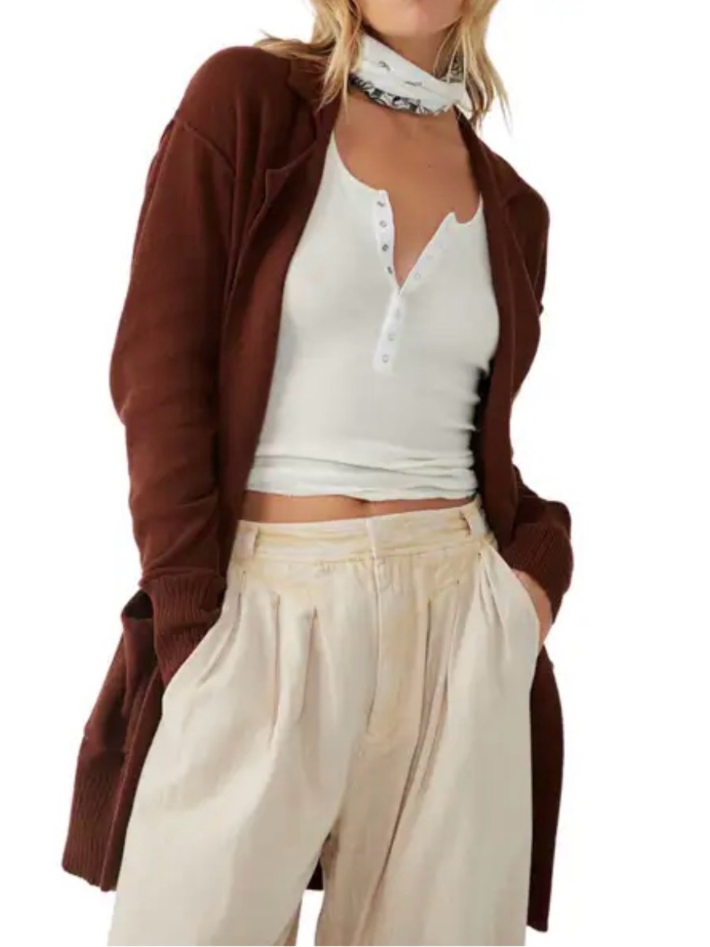 Free People Chestnut Brown Open Front Long Cardigan Blazer